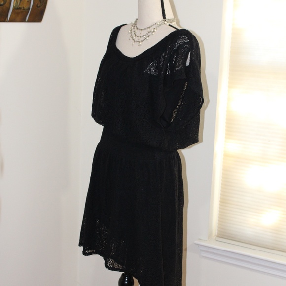 Leifnotes , Anthropologie Black Smocked Waist Hi Lo Scoop Neck Lace Dress Size M - Picture 4 of 11